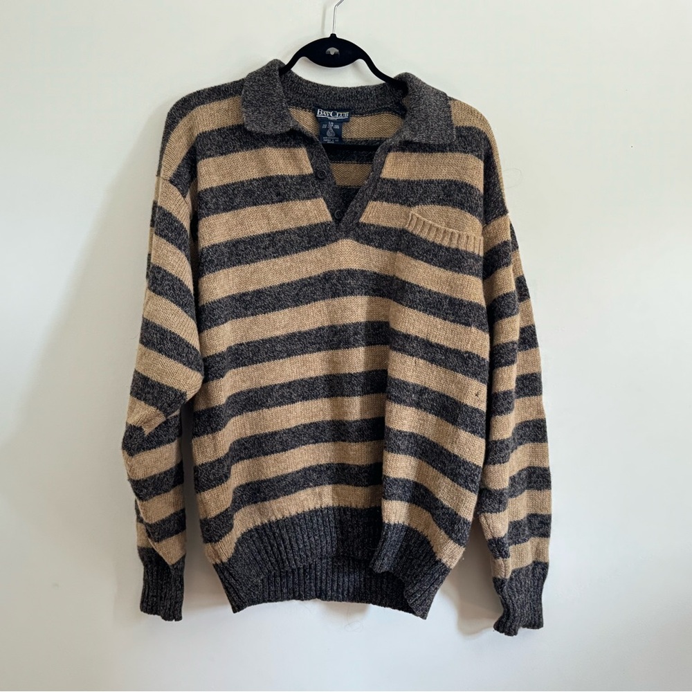 100% Wool Striped V-Neck Sweater in Gray and Tan